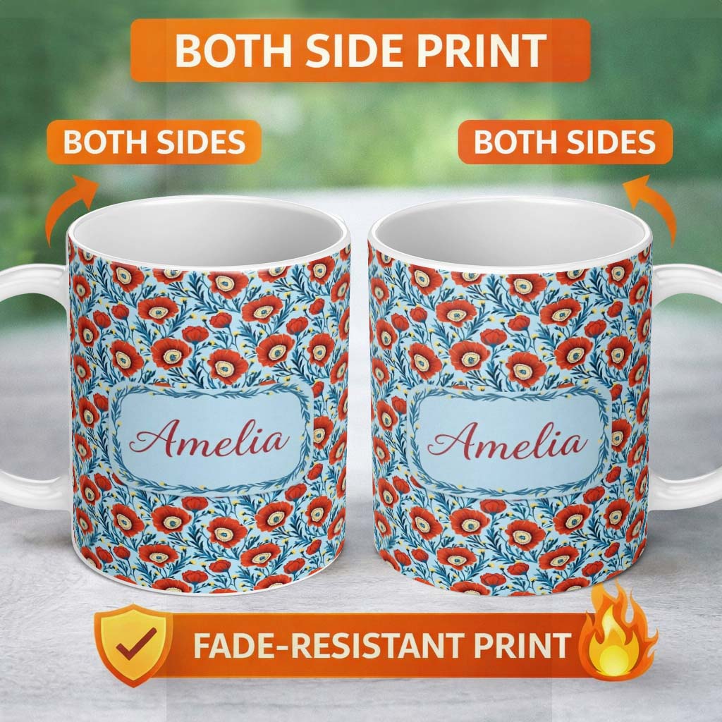 Personalized Custom Name Red Poppy Flowers Botanical Garden Seamless Pattern Name Cute 11oz Ceramic Coffee Tea Mug White Large Handle