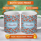 Personalized Custom Name Red Poppy Flowers Botanical Garden Seamless Pattern Name Cute 11oz Ceramic Coffee Tea Mug White Large Handle