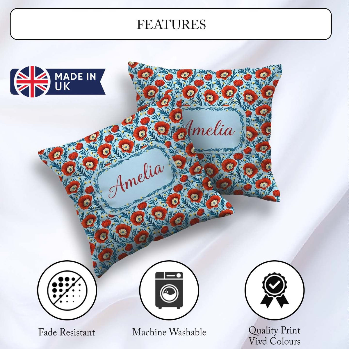 Custom Name Red Poppy Flowers Botanical Garden Pattern Name Cute Square Filled Cushion Throw Pillow Sofa Bed Home Decor Zip Washable UK Made