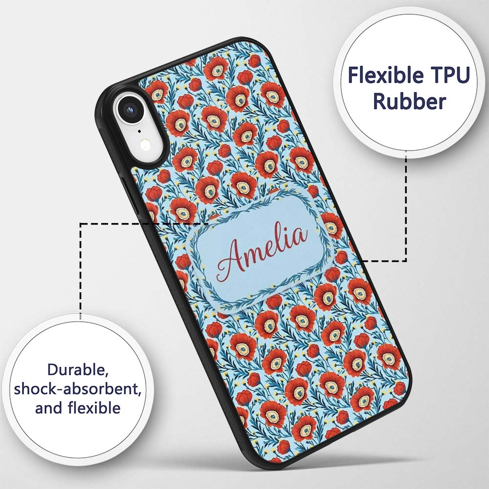 Red Poppy Flowers Botanical Garden Printed Design Custom Name Protective Phone Case Mobile Cover Durable Everyday Smartphone Shock Resistant