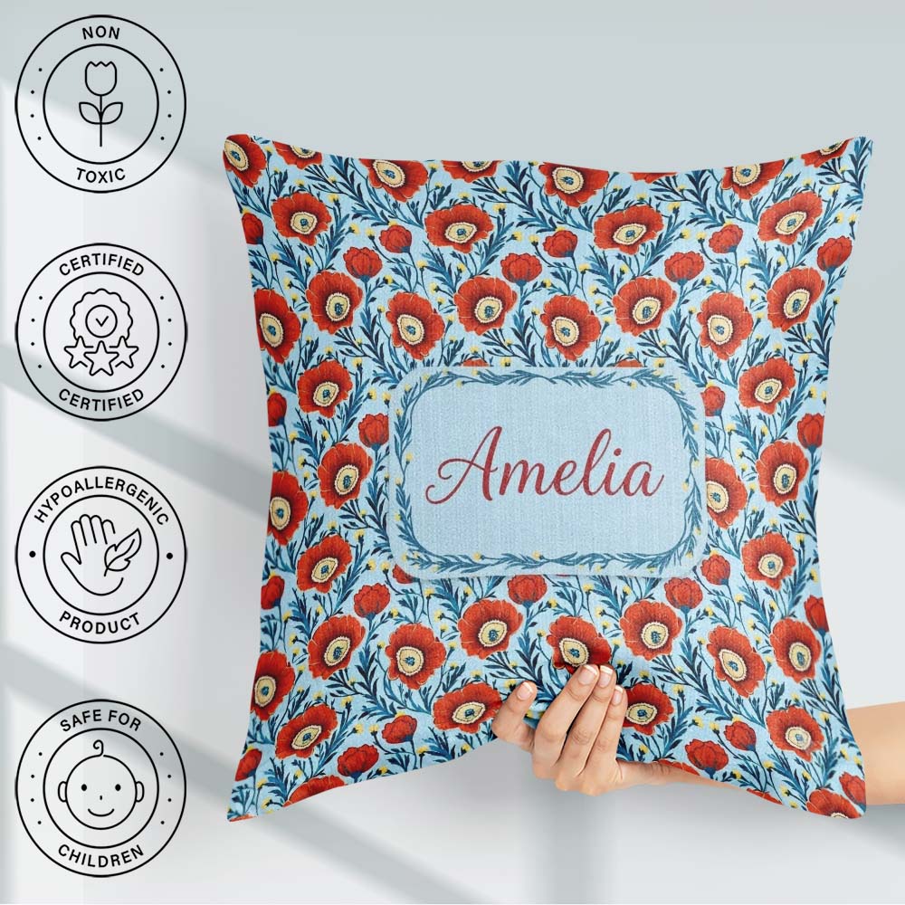 Custom Name Red Poppy Flowers Botanical Garden Pattern Name Cute Square Filled Cushion Throw Pillow Sofa Bed Home Decor Zip Washable UK Made