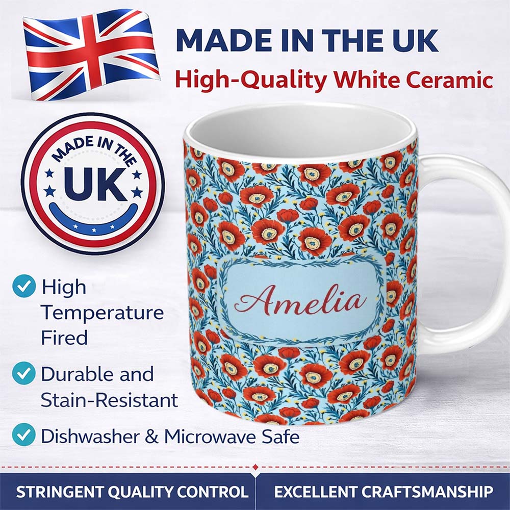 Personalized Custom Name Red Poppy Flowers Botanical Garden Seamless Pattern Name Cute 11oz Ceramic Coffee Tea Mug White Large Handle