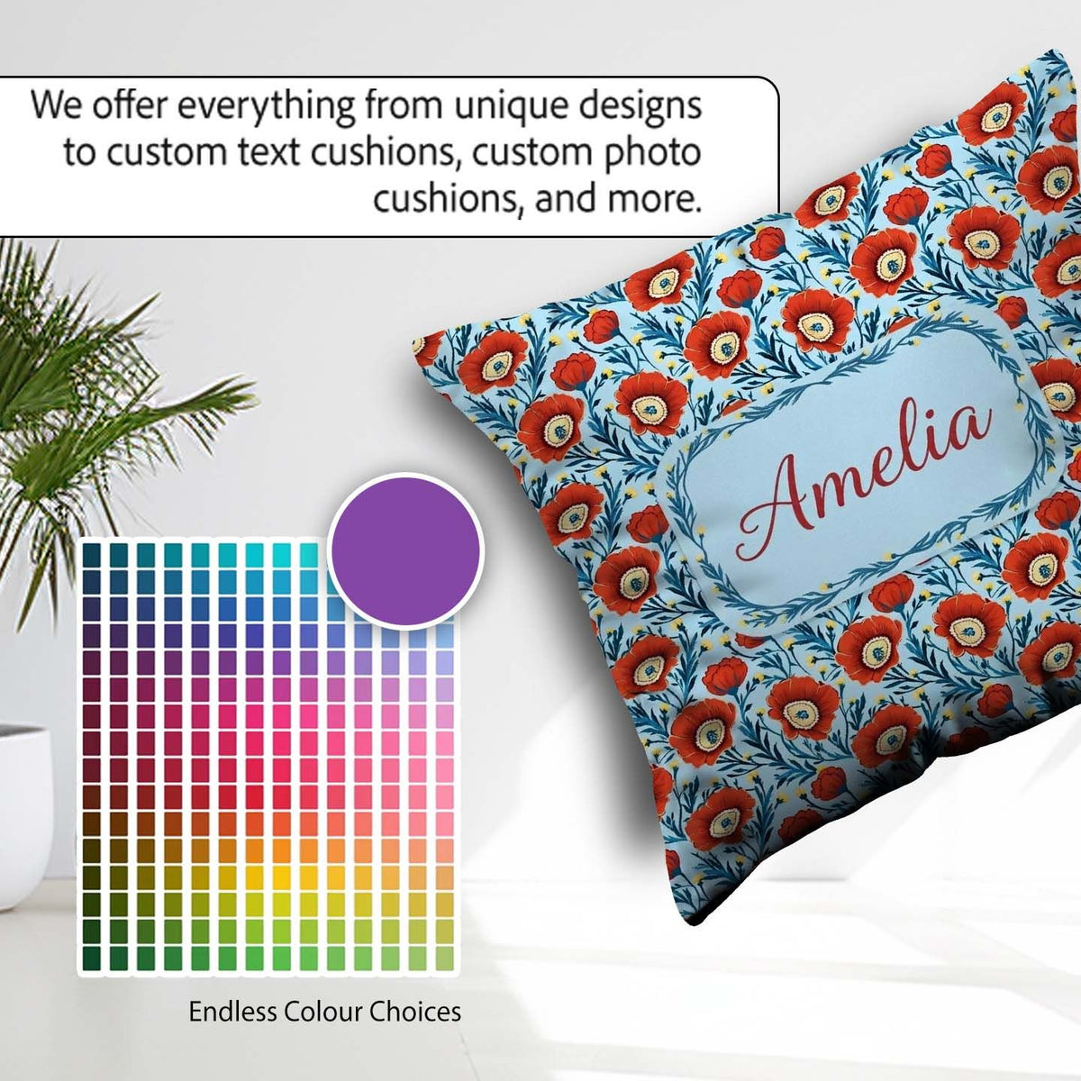 Custom Name Red Poppy Flowers Botanical Garden Pattern Name Cute Square Filled Cushion Throw Pillow Sofa Bed Home Decor Zip Washable UK Made