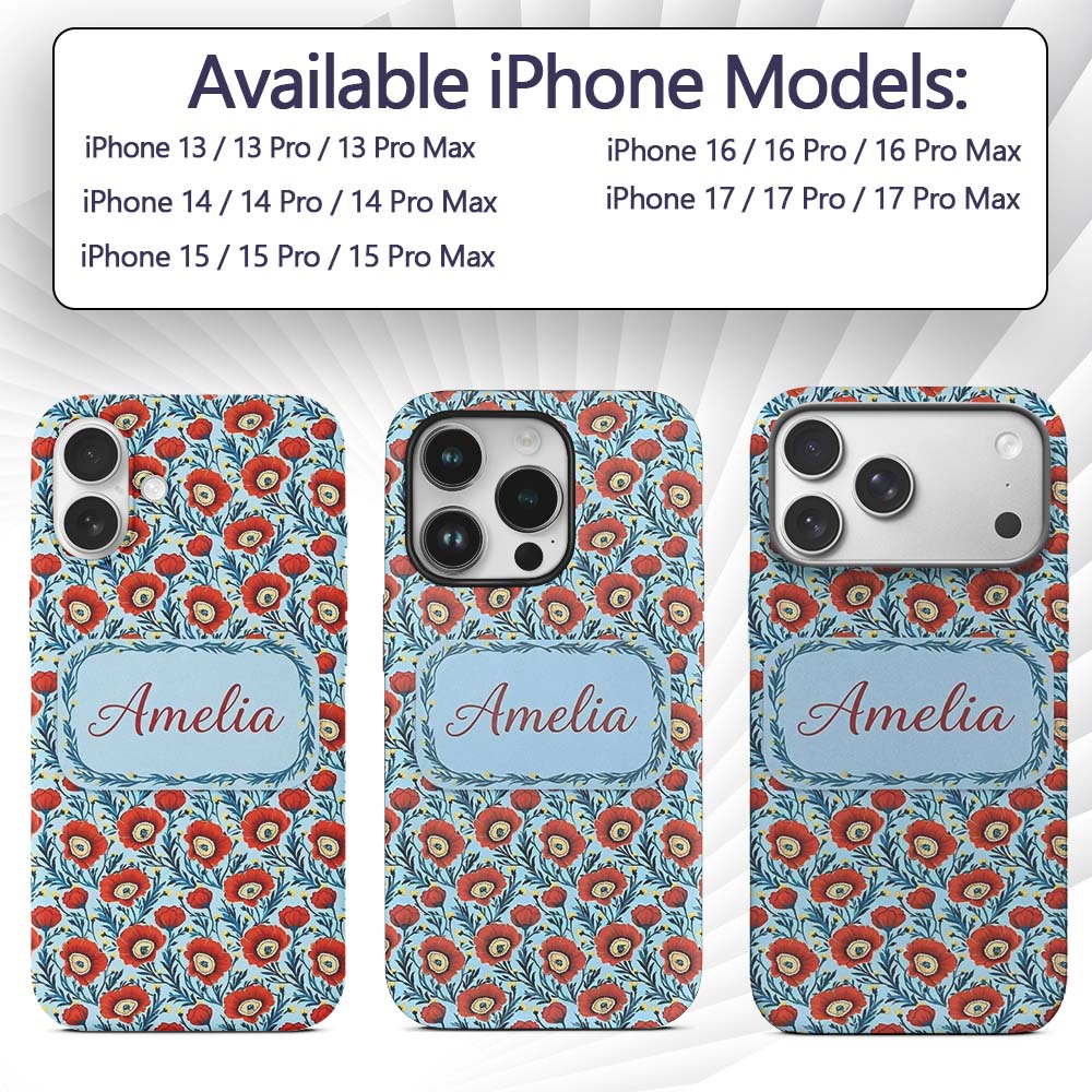 Red Poppy Flowers Botanical Garden Printed Design Custom Name Protective Phone Case Mobile Cover Durable Everyday Smartphone Shock Resistant