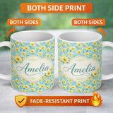 Personalized Custom Name Delicate Yellow Flowers Blue Background Seamless Pattern Name Cute 11oz Ceramic Coffee Tea Mug White Large Handle