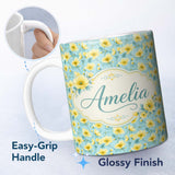 Personalized Custom Name Delicate Yellow Flowers Blue Background Seamless Pattern Name Cute 11oz Ceramic Coffee Tea Mug White Large Handle
