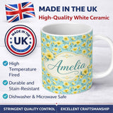 Personalized Custom Name Delicate Yellow Flowers Blue Background Seamless Pattern Name Cute 11oz Ceramic Coffee Tea Mug White Large Handle