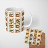 Personalized Custom Name Vintage Cheetah Postage Stamp Style Safari Animal Seamless Pattern 11oz Ceramic Coffee Tea Mug White Large Handle