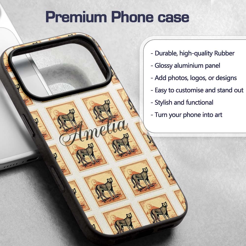 Vintage Cheetah Postage Stamp Style Safari Animal Custom Name Protective Phone Case Mobile Cover Durable Everyday Smartphone Shock Resistant