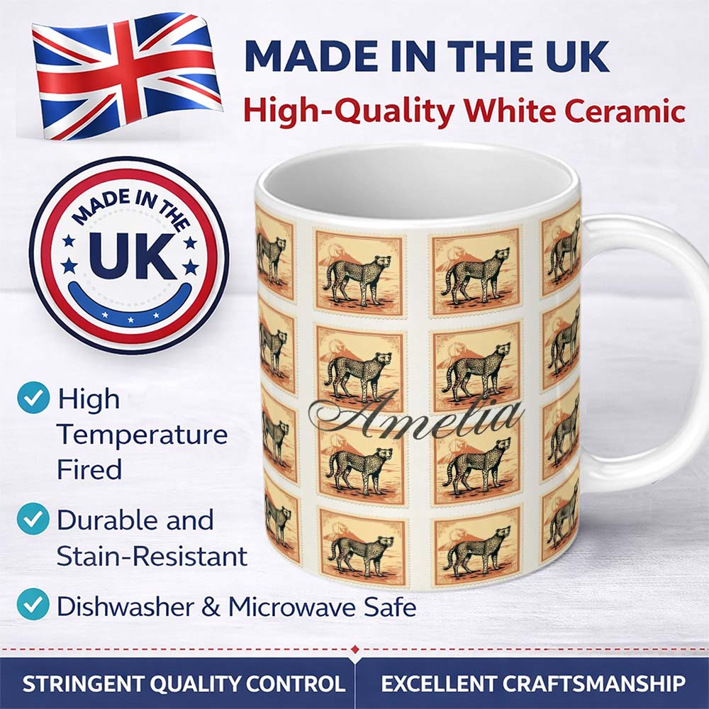 Personalized Custom Name Vintage Cheetah Postage Stamp Style Safari Animal Seamless Pattern 11oz Ceramic Coffee Tea Mug White Large Handle