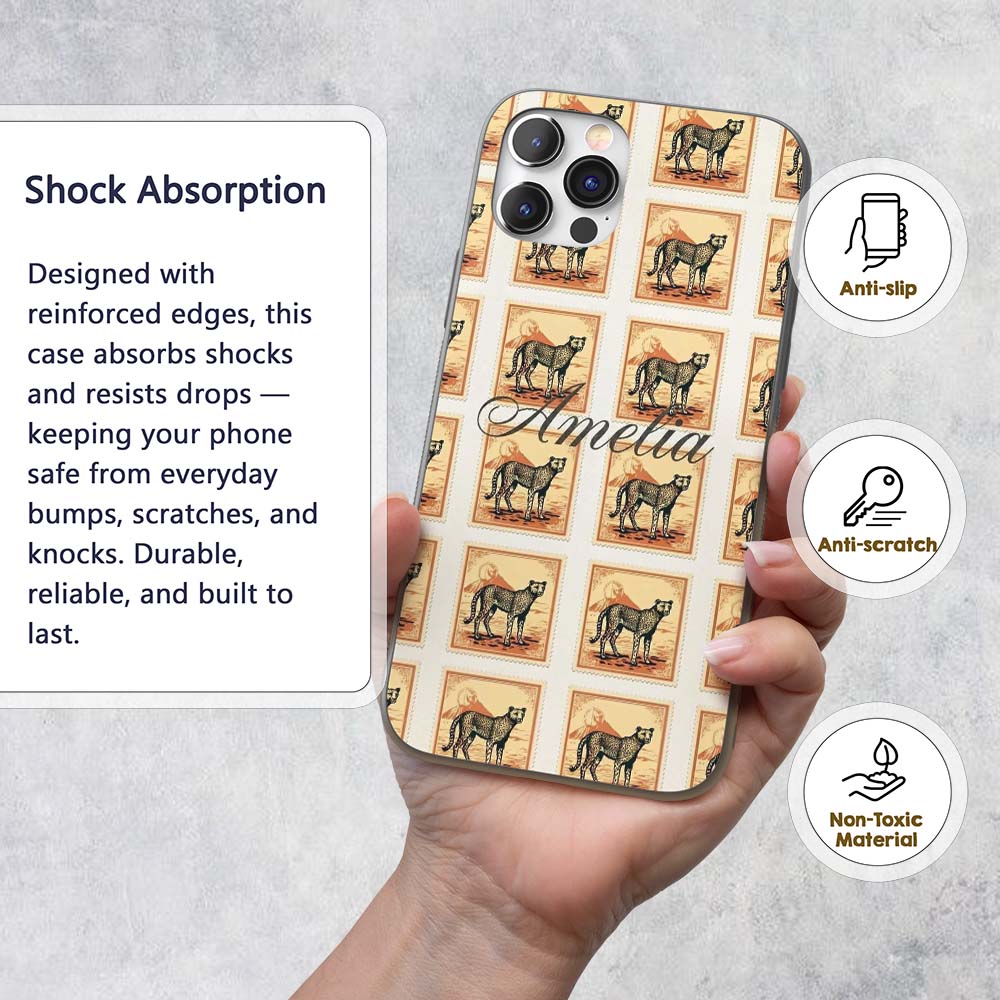 Vintage Cheetah Postage Stamp Style Safari Animal Custom Name Protective Phone Case Mobile Cover Durable Everyday Smartphone Shock Resistant