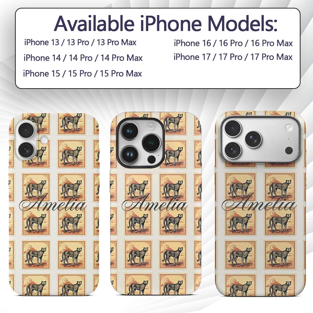 Vintage Cheetah Postage Stamp Style Safari Animal Custom Name Protective Phone Case Mobile Cover Durable Everyday Smartphone Shock Resistant