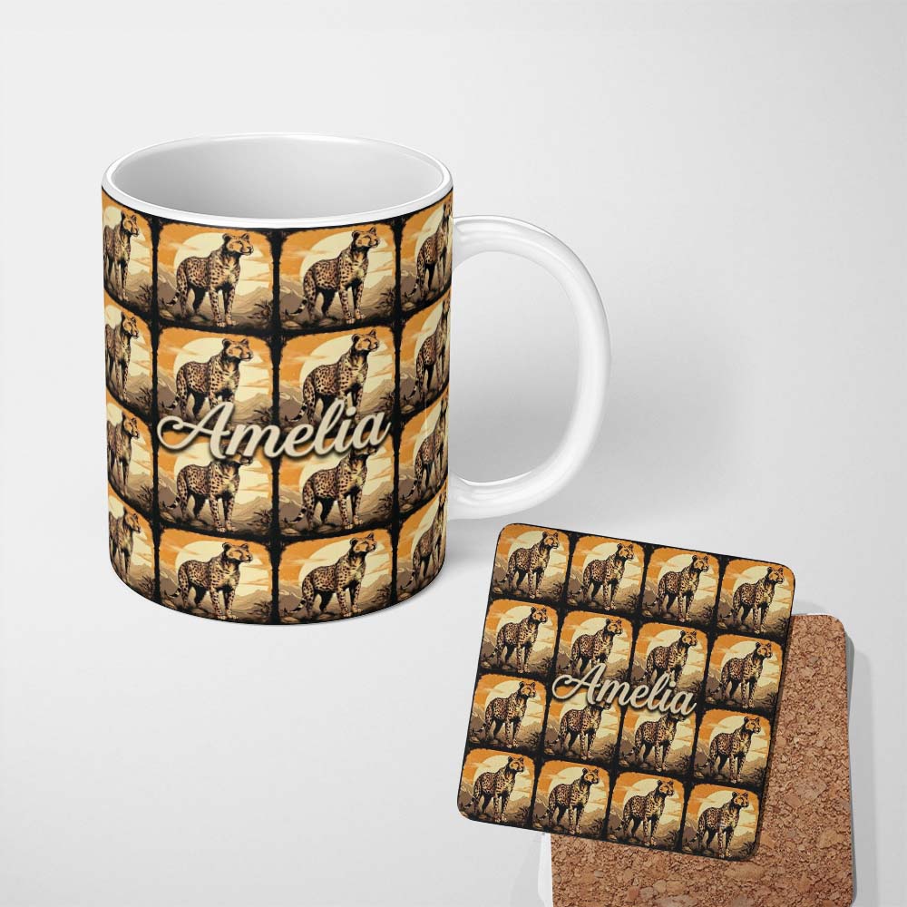 Personalized Custom Name Golden Sunset Cheetah Wildlife Landscape Seamless Pattern Custom 11oz Ceramic Coffee Tea Mug White Large Handle