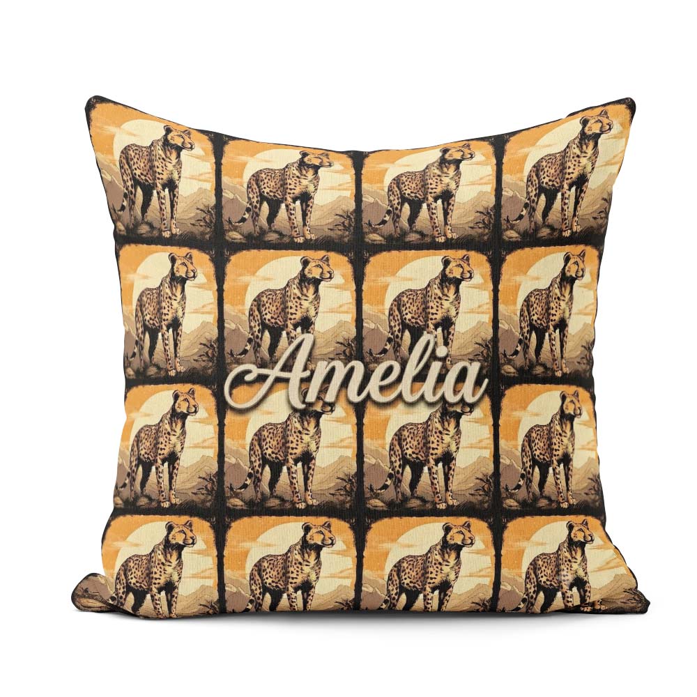 Custom Name Golden Cheetah Wildlife Landscape Seamless Pattern Square Filled Cushion Throw Pillow Sofa Bed Home Decor Zip Washable UK Made