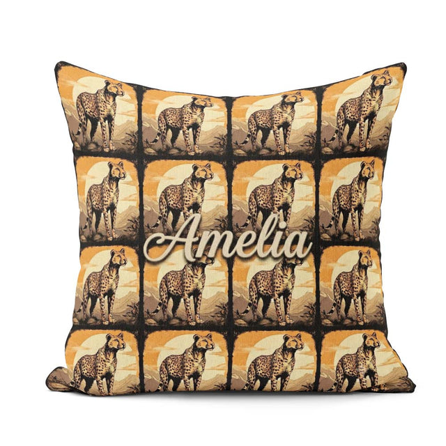 Custom Name Golden Cheetah Wildlife Landscape Seamless Pattern Square Filled Cushion Throw Pillow Sofa Bed Home Decor Zip Washable UK Made
