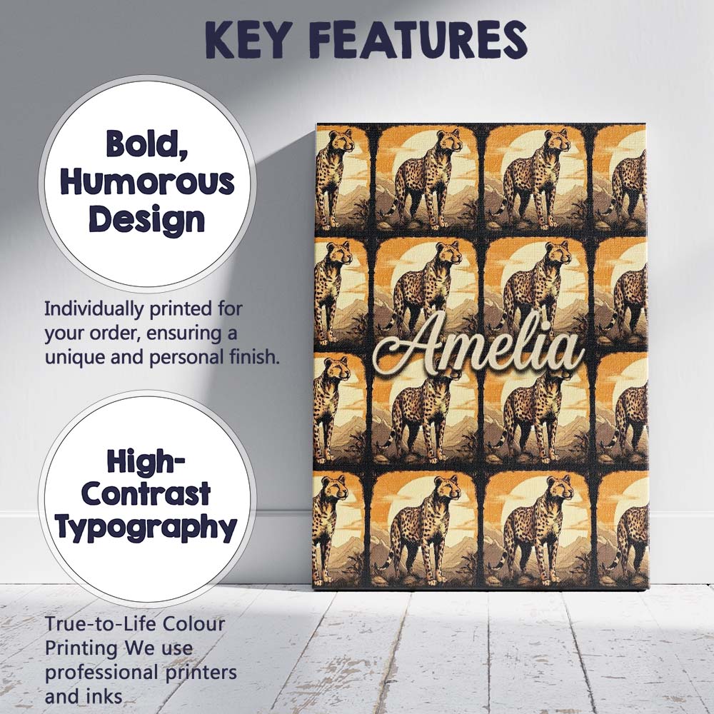 Personalised Name Golden Sunset Cheetah Custom  Modern Room Accent Elegant Feature Canvas Wall Art Print Decor Picture Ready to Hang