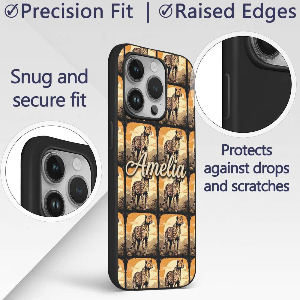 Golden Sunset Cheetah Wildlife Landscape Seamless Custom Name Protective Phone Case Mobile Cover Durable Everyday Smartphone Shock Resistant