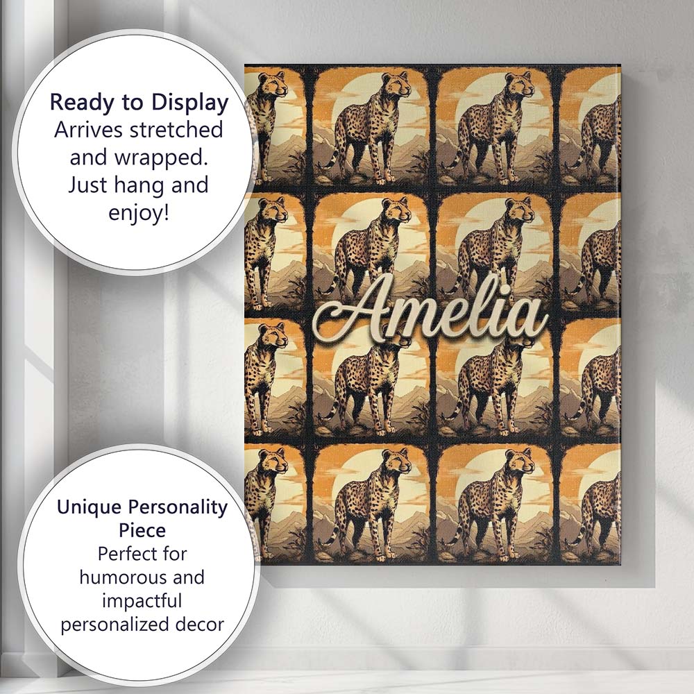 Personalised Name Golden Sunset Cheetah Custom  Modern Room Accent Elegant Feature Canvas Wall Art Print Decor Picture Ready to Hang