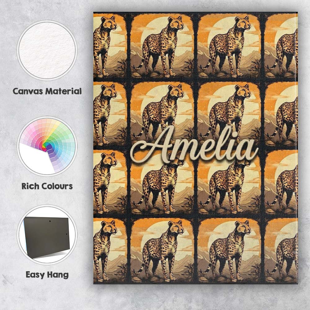 Personalised Name Golden Sunset Cheetah Custom  Modern Room Accent Elegant Feature Canvas Wall Art Print Decor Picture Ready to Hang