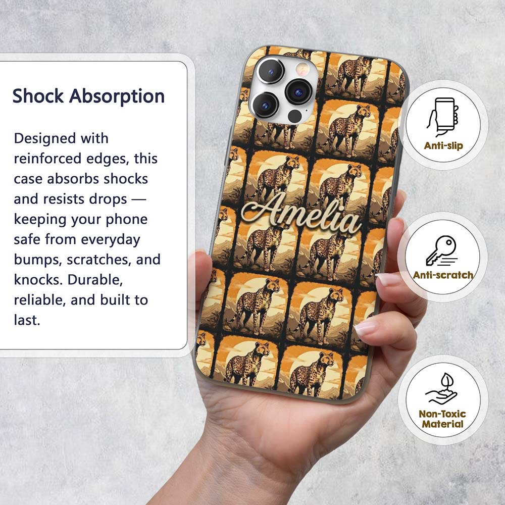 Golden Sunset Cheetah Wildlife Landscape Seamless Custom Name Protective Phone Case Mobile Cover Durable Everyday Smartphone Shock Resistant