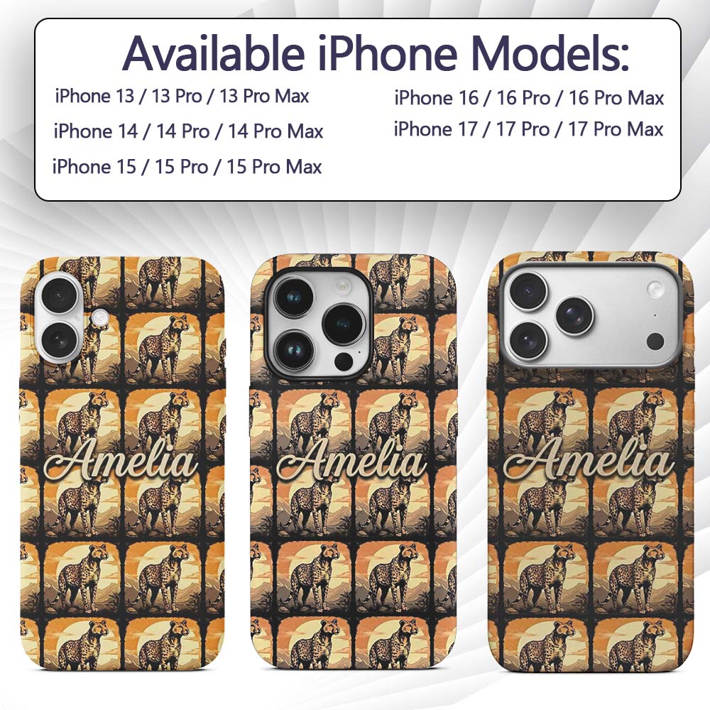 Golden Sunset Cheetah Wildlife Landscape Seamless Custom Name Protective Phone Case Mobile Cover Durable Everyday Smartphone Shock Resistant