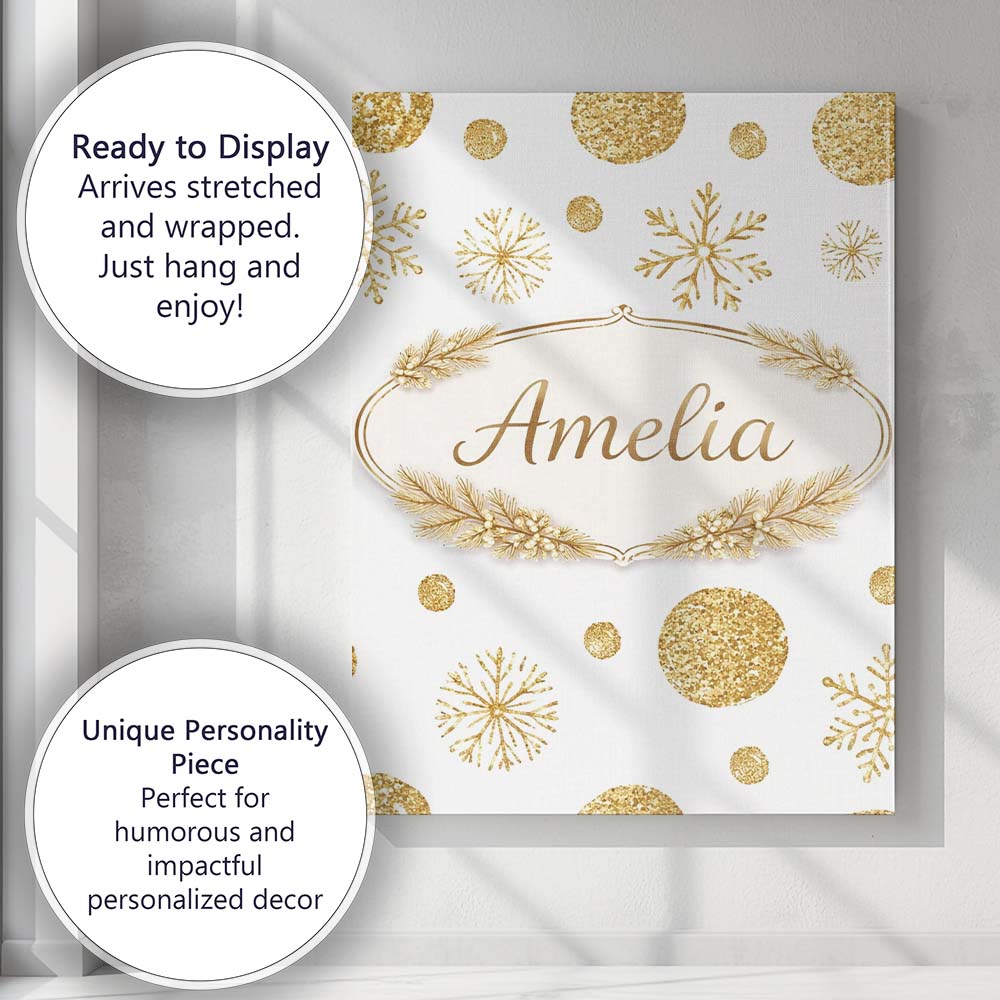Personalised Name Gold Snowflakes and Glitter Dots Seamless Pattern Custom Canvas Wall Art Print Decor Picture Ready to Hang