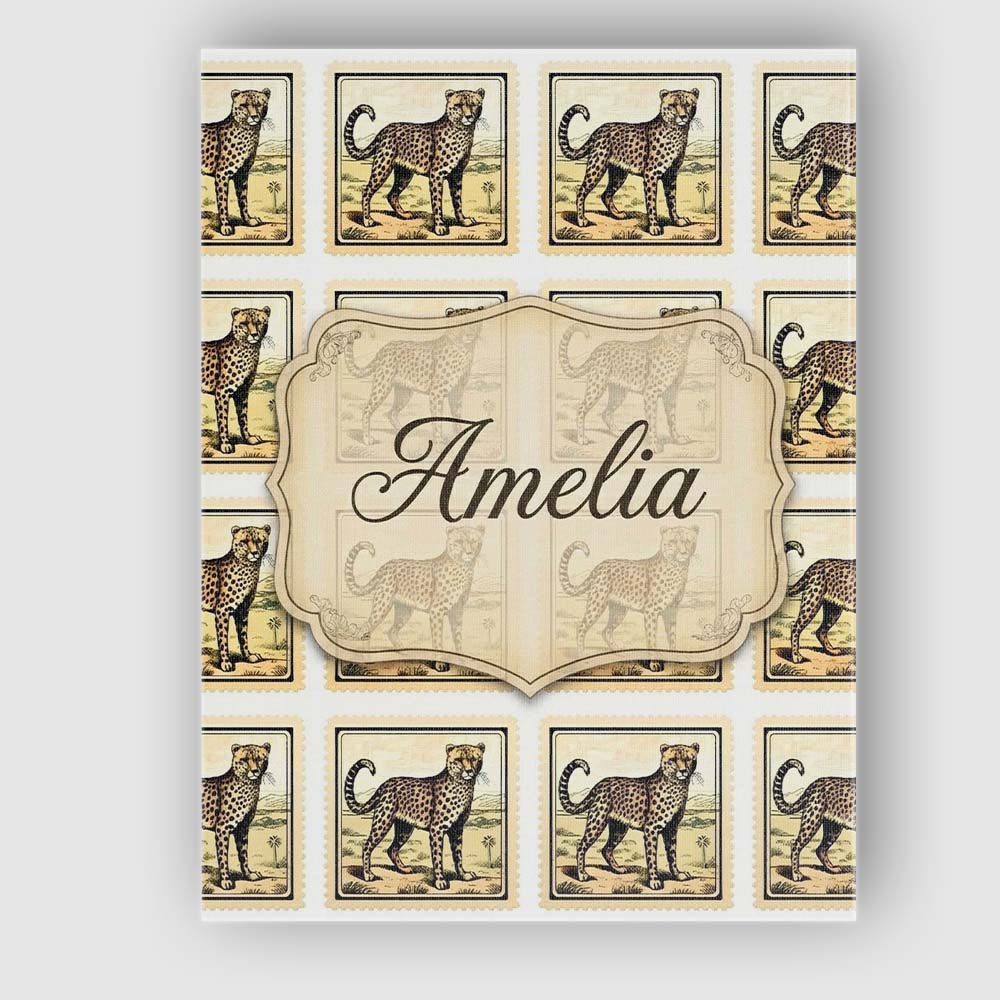 Personalised Name Cheetah Stamp Illustration Custom Bespoke  Contemporary Display Canvas Wall Art Print Decor Picture Ready to Hang