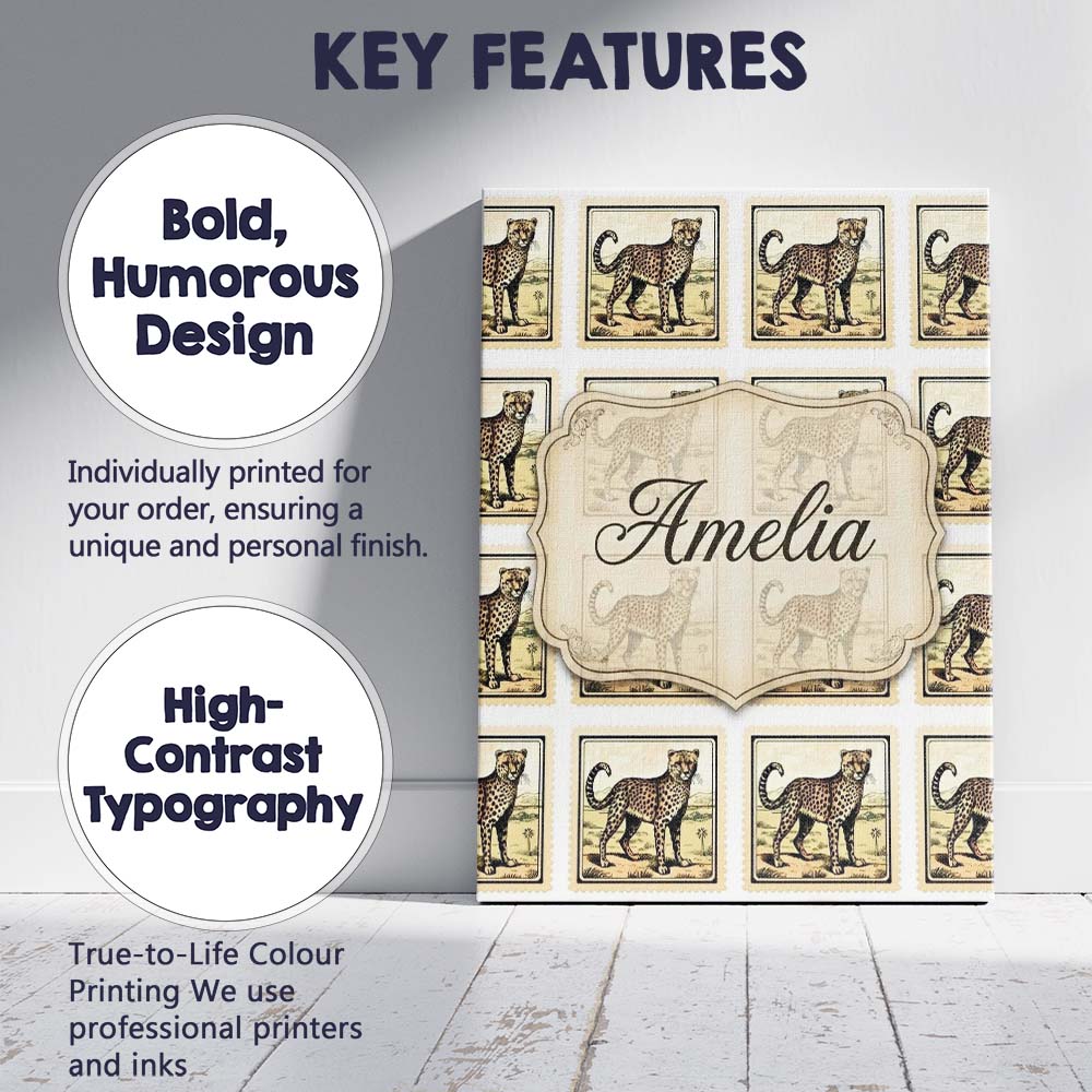 Personalised Name Cheetah Stamp Illustration Custom Bespoke  Contemporary Display Canvas Wall Art Print Decor Picture Ready to Hang