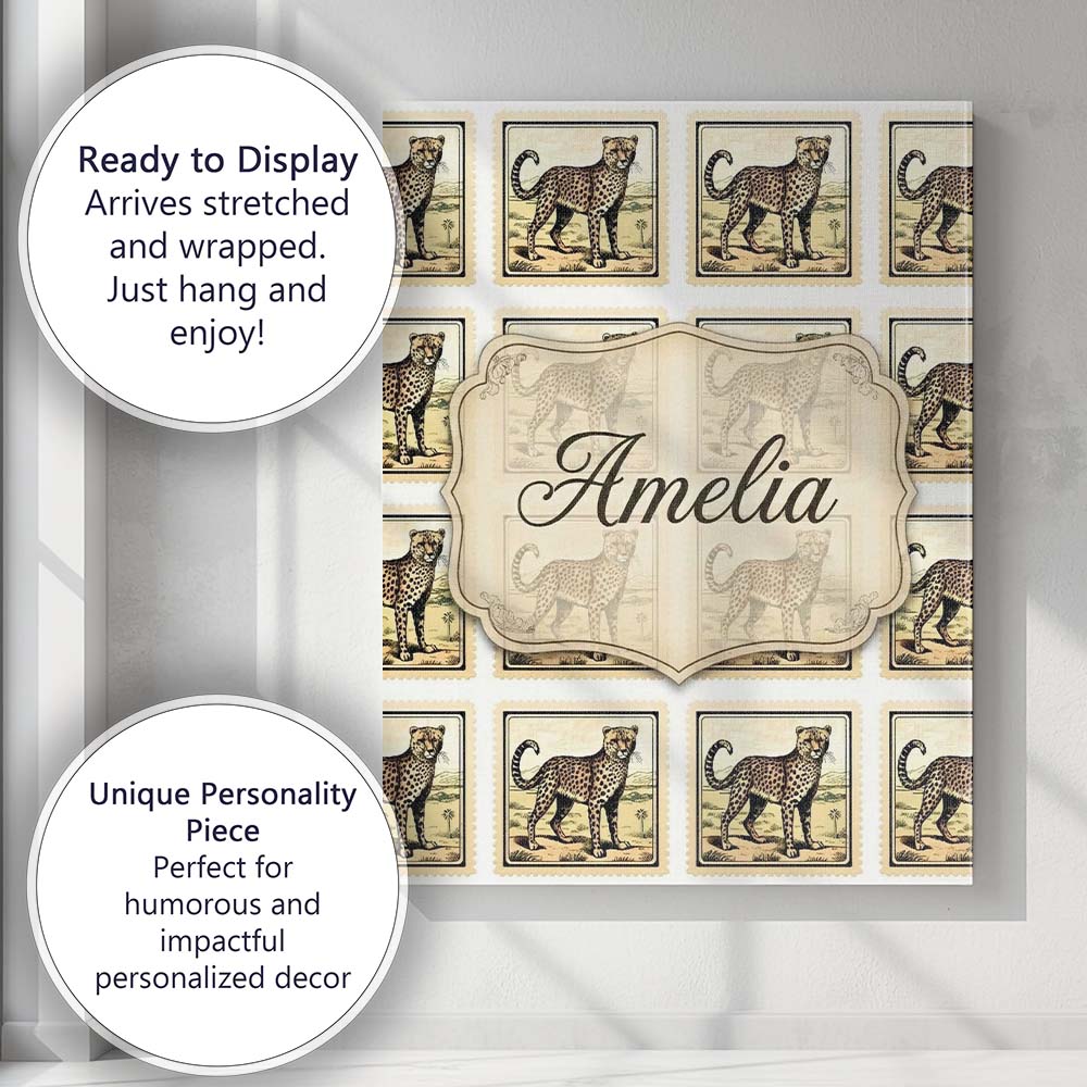 Personalised Name Cheetah Stamp Illustration Custom Bespoke  Contemporary Display Canvas Wall Art Print Decor Picture Ready to Hang