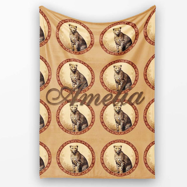 Elegant Cheetah Portrait Circular Frame Seamless Pattern Name Cute  Personalised Custom Name Super Soft Fleece Blanket Bed Sofa Throw