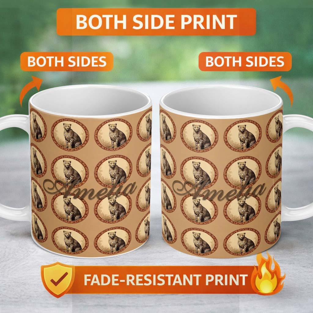 Personalized Custom Name Elegant Cheetah Portrait Circular Frame Seamless Pattern Name Cute 11oz Ceramic Coffee Tea Mug White Large Handle