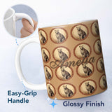 Personalized Custom Name Elegant Cheetah Portrait Circular Frame Seamless Pattern Name Cute 11oz Ceramic Coffee Tea Mug White Large Handle