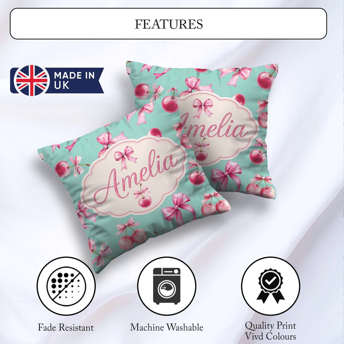 Custom Name Watercolor Pink Cherry Ribbon Bow Pattern Mint Green Square Filled Cushion Throw Pillow Sofa Bed Home Decor Zip Washable UK Made