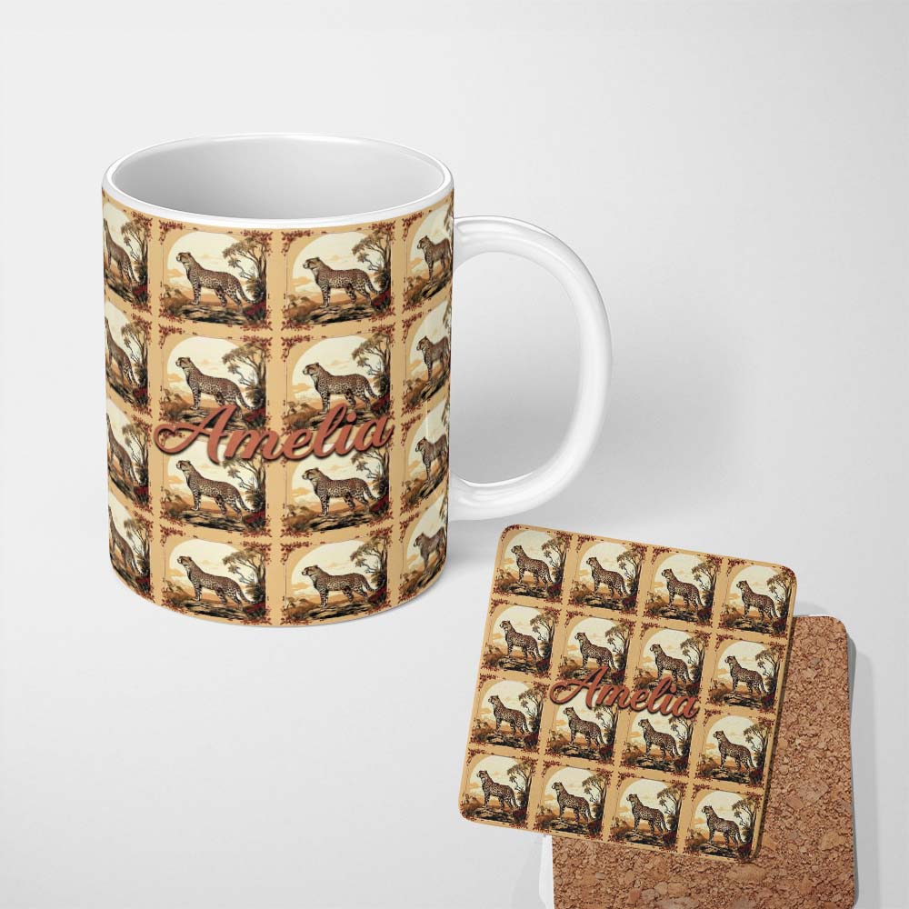 Personalized Custom Name Artistic Cheetah Nature Scene Arch Frame Seamless Pattern Custom 11oz Ceramic Coffee Tea Mug White Large Handle