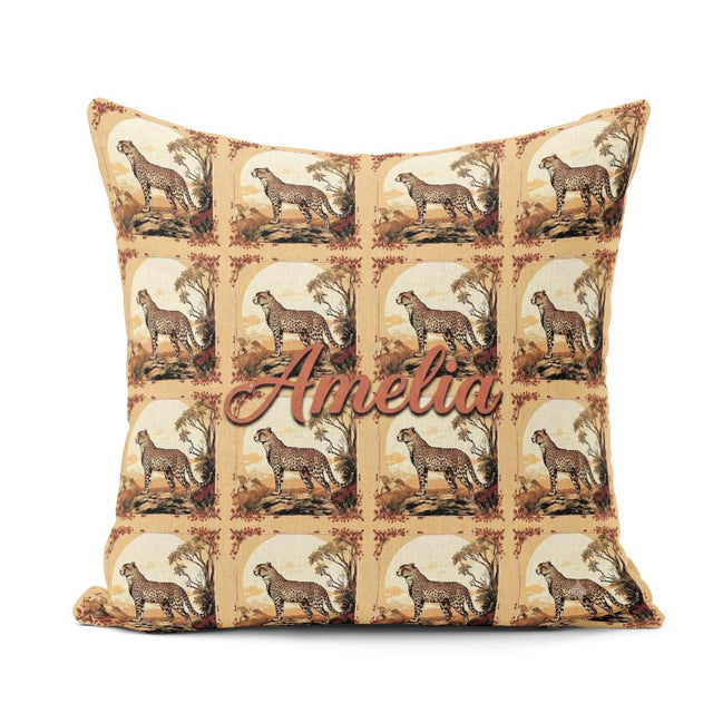 Custom Name Artistic Cheetah Nature Scene Frame Seamless Pattern Square Filled Cushion Throw Pillow Sofa Bed Home Decor Zip Washable UK Made