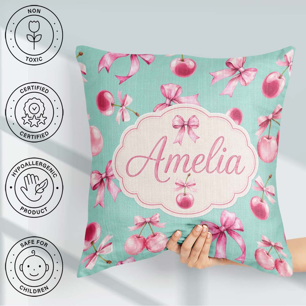 Custom Name Watercolor Pink Cherry Ribbon Bow Pattern Mint Green Square Filled Cushion Throw Pillow Sofa Bed Home Decor Zip Washable UK Made