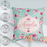 Custom Name Watercolor Pink Cherry Ribbon Bow Pattern Mint Green Square Filled Cushion Throw Pillow Sofa Bed Home Decor Zip Washable UK Made
