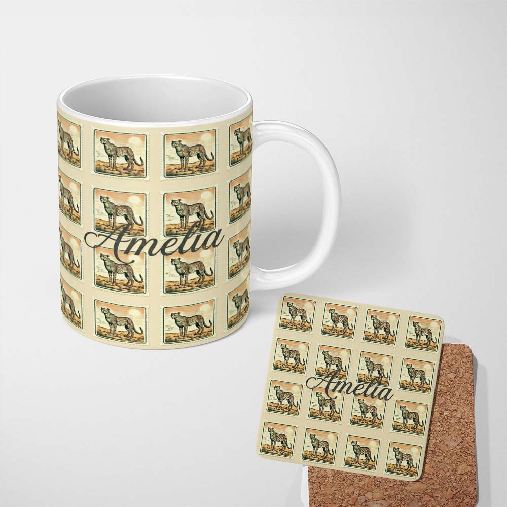 Personalized Custom Name Vintage Cheetah Stamp Sunset Desert Seamless Pattern Name Cute 11oz Ceramic Coffee Tea Mug White Large Handle