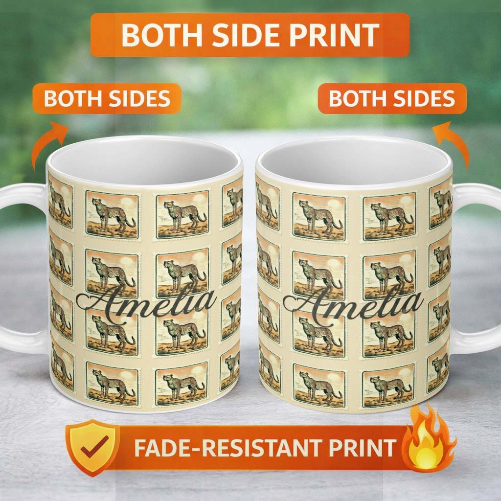 Personalized Custom Name Vintage Cheetah Stamp Sunset Desert Seamless Pattern Name Cute 11oz Ceramic Coffee Tea Mug White Large Handle