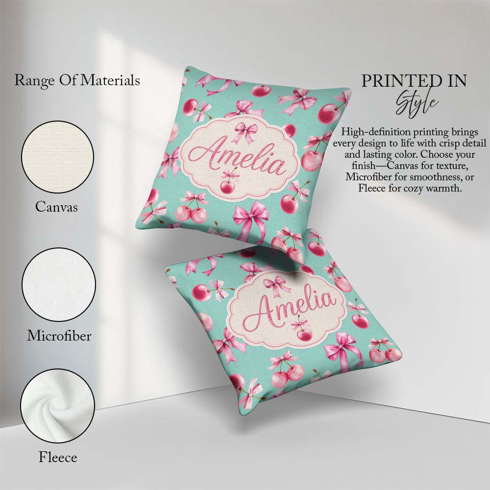 Custom Name Watercolor Pink Cherry Ribbon Bow Pattern Mint Green Square Filled Cushion Throw Pillow Sofa Bed Home Decor Zip Washable UK Made