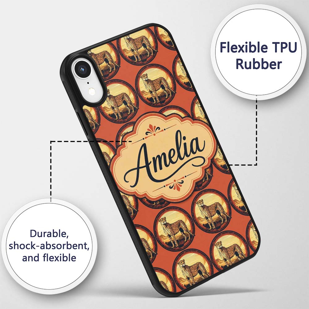 Decorative Cheetah Round Frame Landscape Seamless Custom Name Protective Phone Case Mobile Cover Durable Everyday Smartphone Shock Resistant