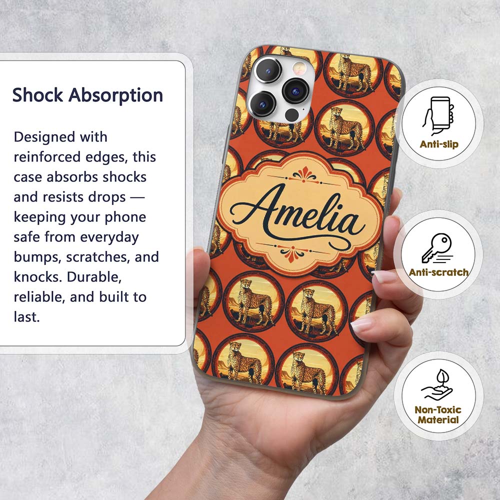 Decorative Cheetah Round Frame Landscape Seamless Custom Name Protective Phone Case Mobile Cover Durable Everyday Smartphone Shock Resistant