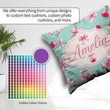 Custom Name Watercolor Pink Cherry Ribbon Bow Pattern Mint Green Square Filled Cushion Throw Pillow Sofa Bed Home Decor Zip Washable UK Made
