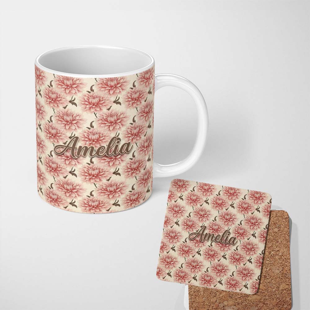 Personalized Custom Name Soft Pink Dahlia Floral Seamless Pattern Elegant Blossom Design 11oz Ceramic Coffee Tea Mug White Large Handle