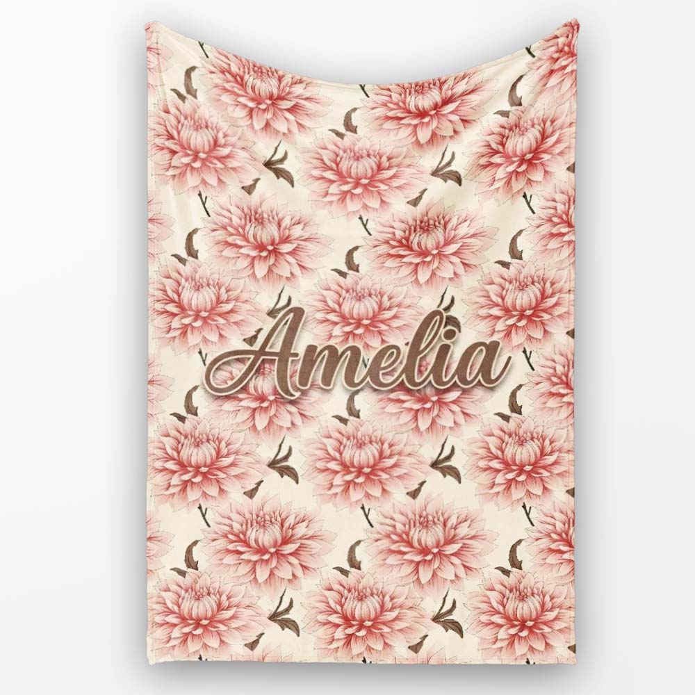 Soft Pink Dahlia Floral Seamless Pattern Elegant Blossom Design  Personalised Custom Name Super Soft Fleece Blanket Bed Sofa Throw