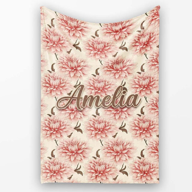 Soft Pink Dahlia Floral Seamless Pattern Elegant Blossom Design  Personalised Custom Name Super Soft Fleece Blanket Bed Sofa Throw