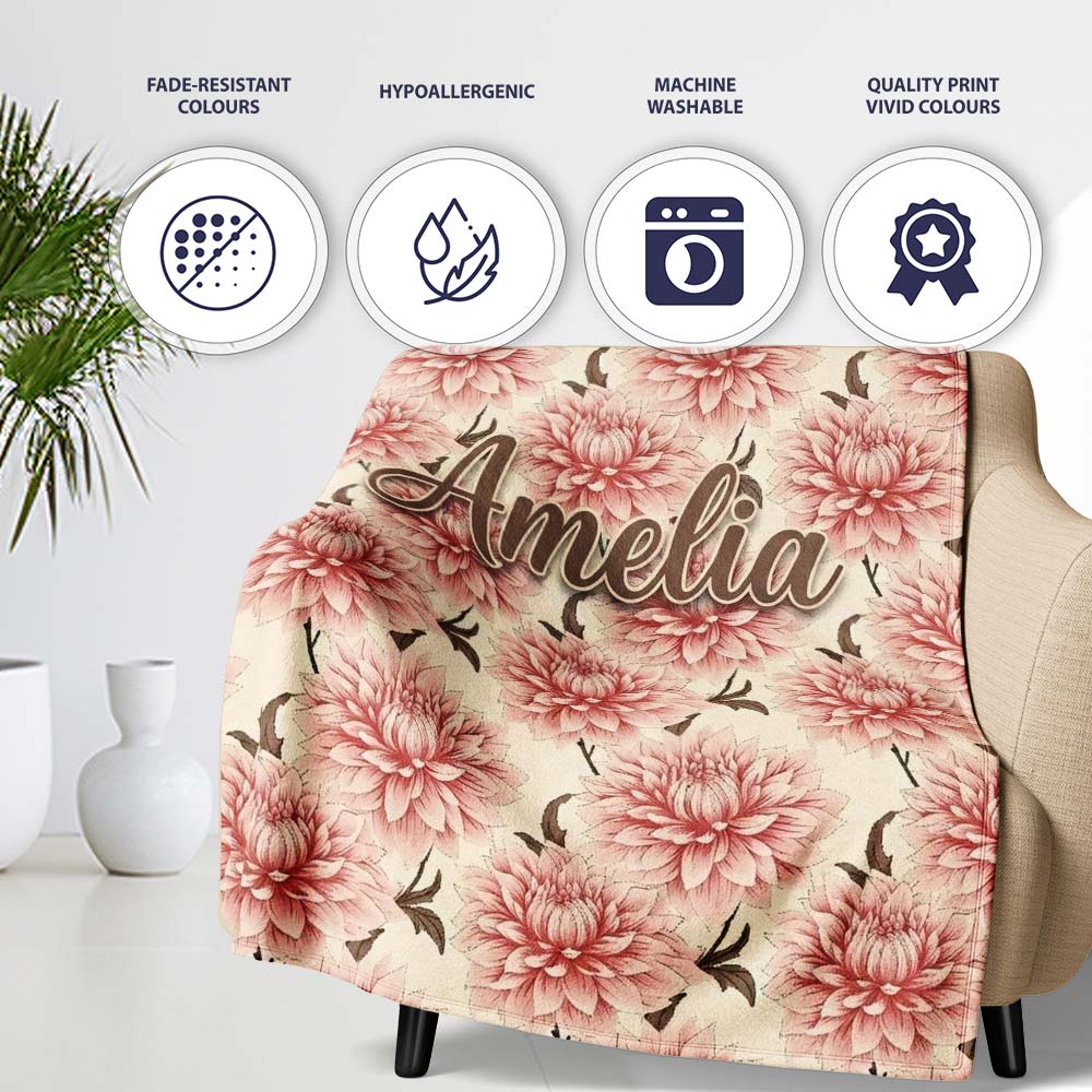 Soft Pink Dahlia Floral Seamless Pattern Elegant Blossom Design  Personalised Custom Name Super Soft Fleece Blanket Bed Sofa Throw