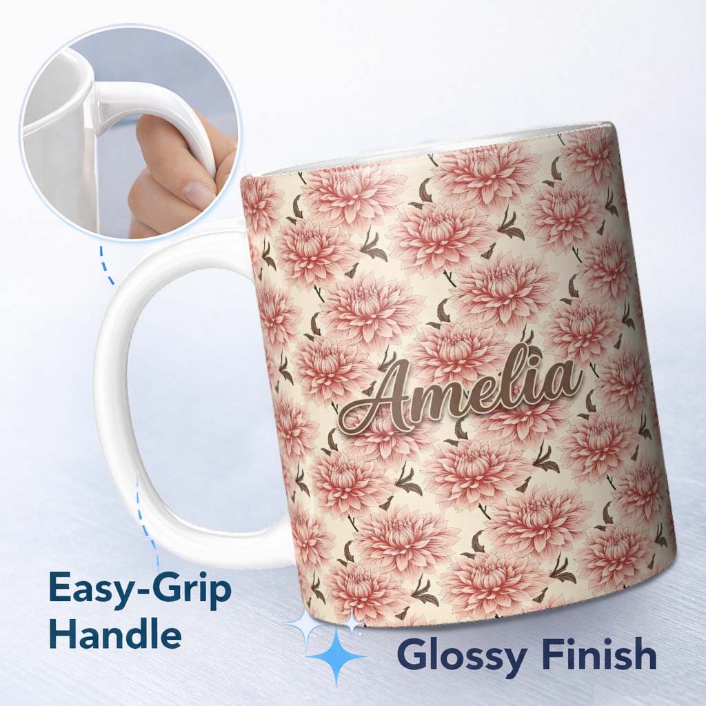 Personalized Custom Name Soft Pink Dahlia Floral Seamless Pattern Elegant Blossom Design 11oz Ceramic Coffee Tea Mug White Large Handle