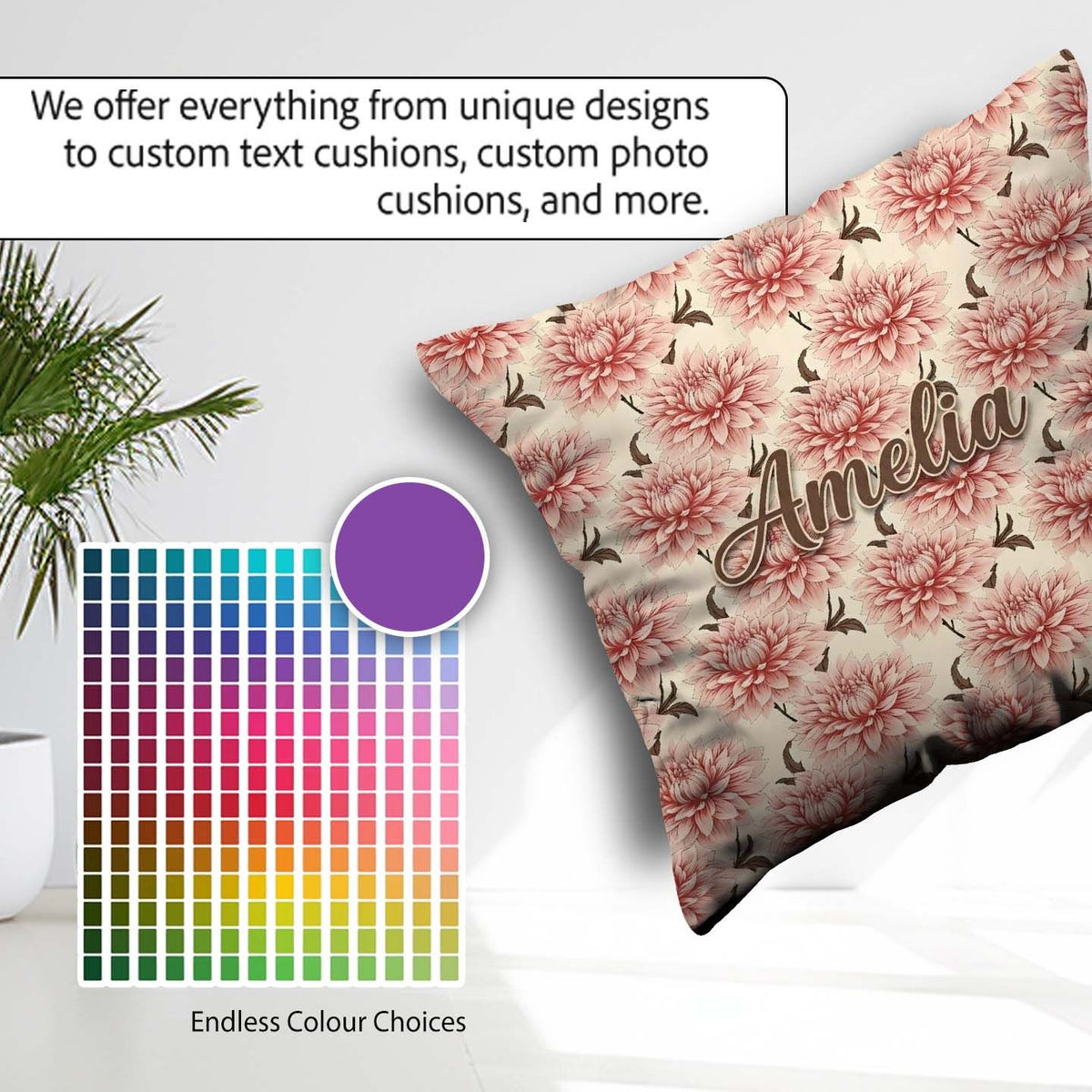 Custom Name Soft Dahlia Floral Seamless Pattern Elegant Blossom Square Filled Cushion Throw Pillow Sofa Bed Home Decor Zip Washable UK Made
