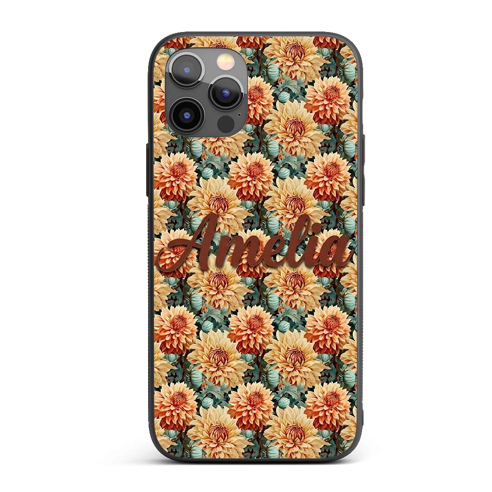 Warm Autumn Dahlia Flowers Vintage Botanical Custom Name Protective Phone Case Mobile Cover Durable Everyday Smartphone Shock Resistant